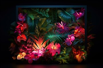 Neon-lit tropical foliage within square frame. Generative AI