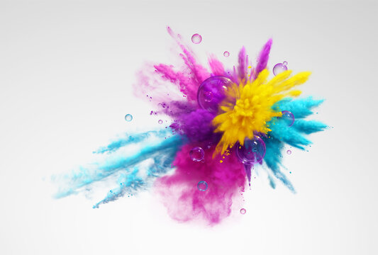 Explosion of yellow, aqua, pink and purple powder and bubbles