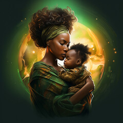 african mother with baby in her arms luminous with energy, light brown and green