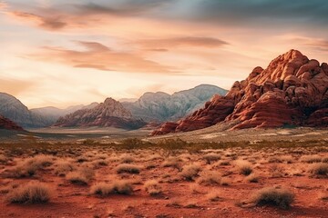 Panoramic landscape of red rock canyon desert in Nevada at evening. Generative AI