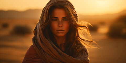 young female nomad in the desert - obrazy, fototapety, plakaty