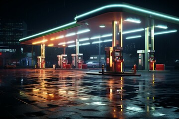 Retro gas station in the night with neon lights and wet asphalt reflecting raindrops. Generative AI