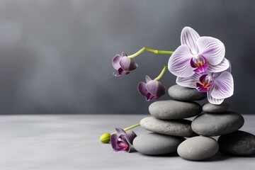 Spa stones and orchid flowers on gray background. Generative AI