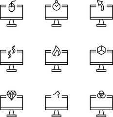 Set of signs for UI, adverts, books drawn in line style. Editable stroke. Icons of mouse, timer, arrow, fume, fire, cube, diamond, cat on computer monitor