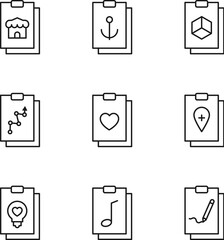 Set of signs for UI, adverts, books drawn in line style. Editable stroke. Icons of house, anchor, cube, progress, heart, geo, location, bulb, note, pencil on clipboard