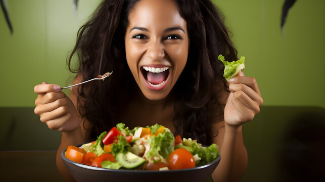 mujer latina fitns con comida saludable verduras y legumbres, aspecto feliz y sonriente, perfil latino ojos negros 