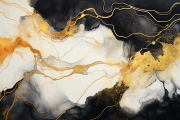 Abstract painting with black and gold alcohol inks resembles a glowing, tender, dreamy marble stone with golden veins. Generative AI
