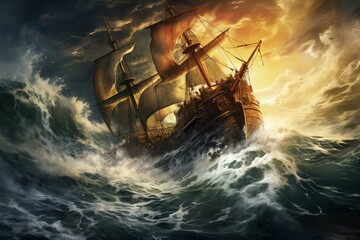 An illustration of a ship battling rough waters in a stormy ocean. Generative AI