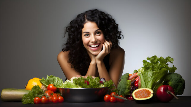 mujer latina fitns con comida saludable verduras y legumbres, aspecto feliz y sonriente, perfil latino ojos negros 
