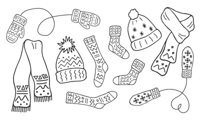 Warm knitted clothes set. Winter autumn accessories collection in doodle style. Hats, mittens, socks, scarves isolated. Line drawn illustration