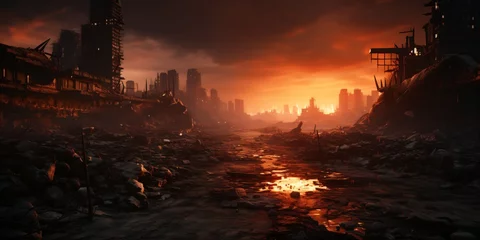 Foto auf Acrylglas Rot  violett post apocalyptic city ruins buried in the desert sand, epic alien planet landscape