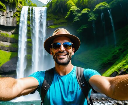 Handsome tourist visiting national park taking selfie picture in front of waterfall 