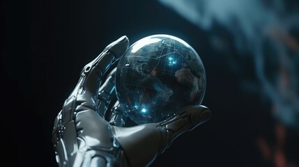 robotic hand holding planet Earth 
