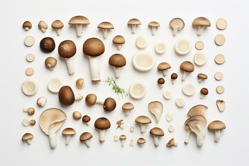 Fototapeta na wymiar White background with champignons organized creatively in a flat lay, emphasizing a macro food concept. Generative AI
