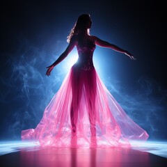 Fototapeta premium A man dances in hip-hop style surrounded by neon lines. Dance movement, sports style, Bright plain background, banner with copy space