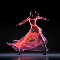 Obraz premium A man dances in hip-hop style surrounded by neon lines. Dance movement, sports style, Bright plain background, banner with copy space