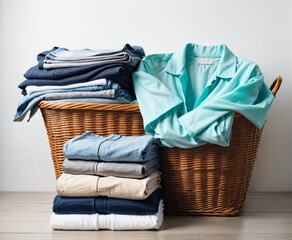Stack of clean clothes and Wicker basket with clean laundry isolated
