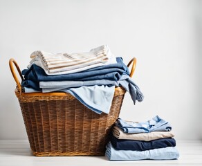 Stack of clean clothes and Wicker basket with clean laundry isolated