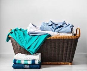 Stack of clean clothes and Wicker basket with clean laundry isolated - obrazy, fototapety, plakaty