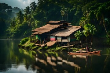 Fototapeta premium A vibrant Bangladeshi riverbank scene, with a traditional broken house nestled in the lush greenery, with a boat in the river - AI Generative