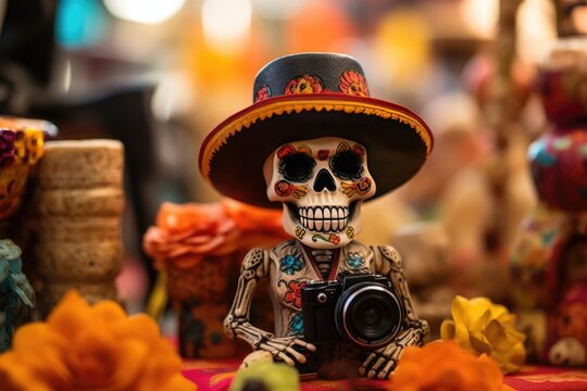 Photographer skeleton with day of the dead hat