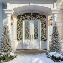 Fototapeta na wymiar Main door to the luxury house with christmas decoration, beautiful festive entrance, modern and elegant door, Winter time, Mockup