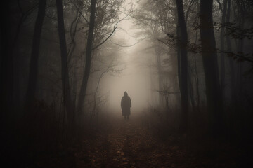 Fototapeta premium Horror, fantasy, mystery and landscape concept. Dark human silhouette standing in dark forest. Dense forest covered with mist or fog. Dark tree trunks in background. Late evening time. Generative AI