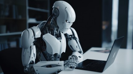 Fototapeta premium Robot artificial intelligence working on pc