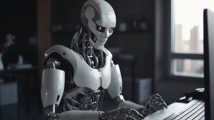 Fototapeta premium Robot artificial intelligence working on pc