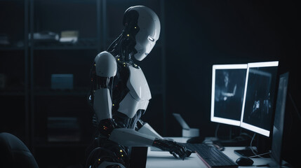 Obraz premium Robot artificial intelligence working on pc