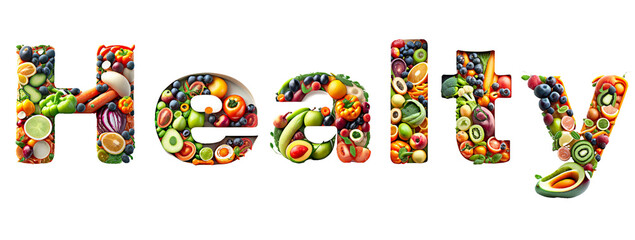 Fototapeta premium Health word made with fruits, vegetables and healthy food. White background. Healthy eating. Diet and body care. Wellbeing at the table. AI generative.