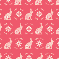 Christmas pattern with forest hare and pattern on a red background. Christmas decorations for cards. Design for invitations and cards. Flat style. Vector illustration.