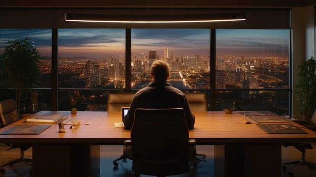 Developer Engineer at Conference Table About, technology concept, no face, back view