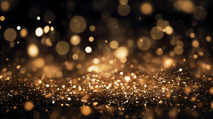 Fototapeta na wymiar abstract black background with golden light bokeh and golden glitter sparkle