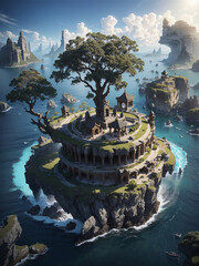 Ancient civilization buildings floating in the weightless sky, tree roots at the base and glowing crystals in the center, aerial view,  - obrazy, fototapety, plakaty