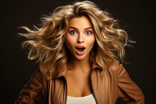 Captivating blonde woman, modern and beautiful, caught in a moment of surprise with windswept hair, wide eyes and open mouth.