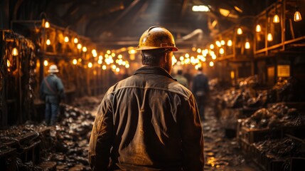 Male miner in a coal mine. Back view, industrial environment, underground mining
