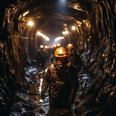 Obraz premium Male miner in a coal mine. Back view, industrial environment, underground mining 