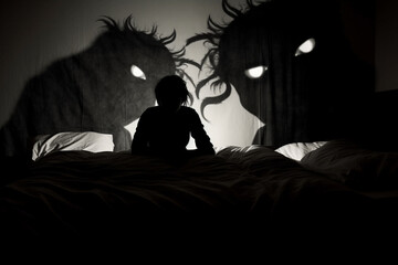 Horror, insomnia, states of mind, nightmares concept. Evil shadow silhouette watching sleeping people. Ghost, devil or scary looking dark figure in sleeping room. Generative AI - obrazy, fototapety, plakaty