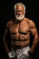 Fototapeta premium Dynamic senior man, 60-years old, boasting a fit muscular physique. Posing confidently with hands in pockets.