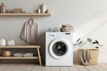 Contemporary washer with clothes beside blank wall. Generative AI