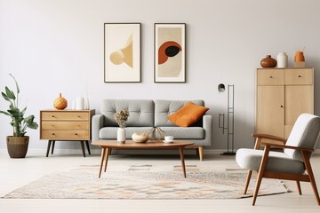 Stylish Scandinavian living room with wooden commode, design table, chairs, carpet, abstract paintings, and personal accessories in unique home decor. Template. Generative AI