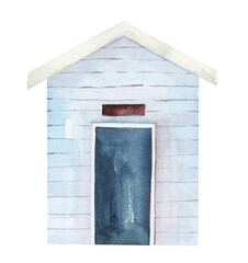 Watercolor beach hut illustration, Wooden beach house png