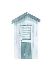 Watercolor blue beach hut illustration, Wooden beach house png