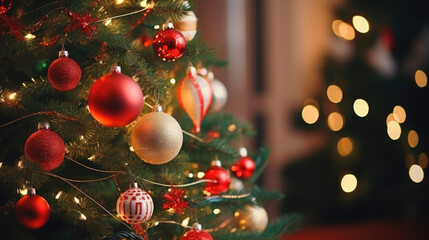 christmas tree ball hanging on the Christmas tree, close up view