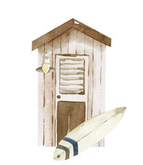 Watercolor beach hut illustration, vacation clipart png, summer sea resort. Nautical design.