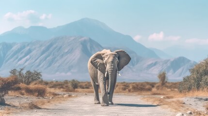 Elephant with mountain background in National Park - obrazy, fototapety, plakaty