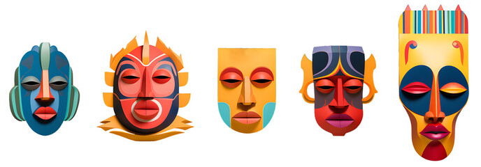 Colorful tribal masks isolated on transparent background. Generative AI.