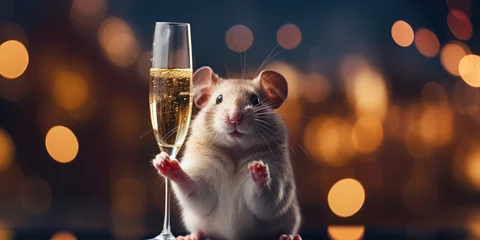 Fotobehang Mouse holding a glass of champagne, happy new years greetings card © Zanni