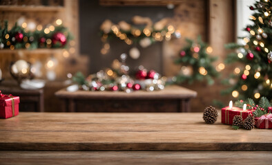 Fototapeta na wymiar Wooden Countertop with Christmas Mockup Setup, Ideal for Working Negative Space and Copy Placement